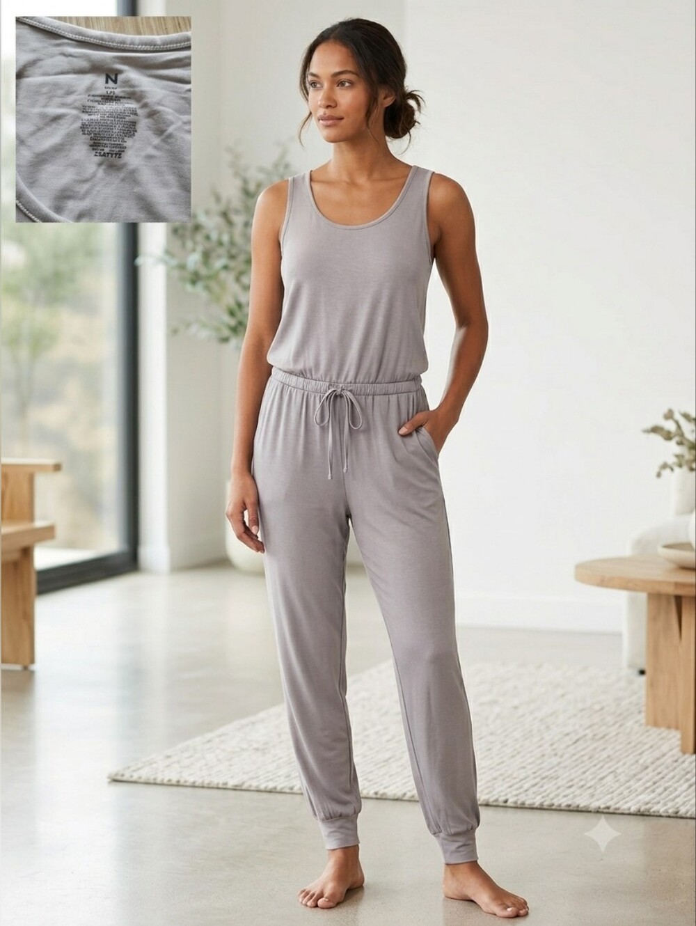 Natori Taupe Greige Jogger Jumpsuit Romper - Size L